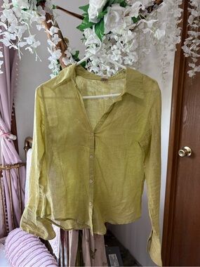 Johnny Was Vintage Sheer Chartreuse Button-Down Shirt
